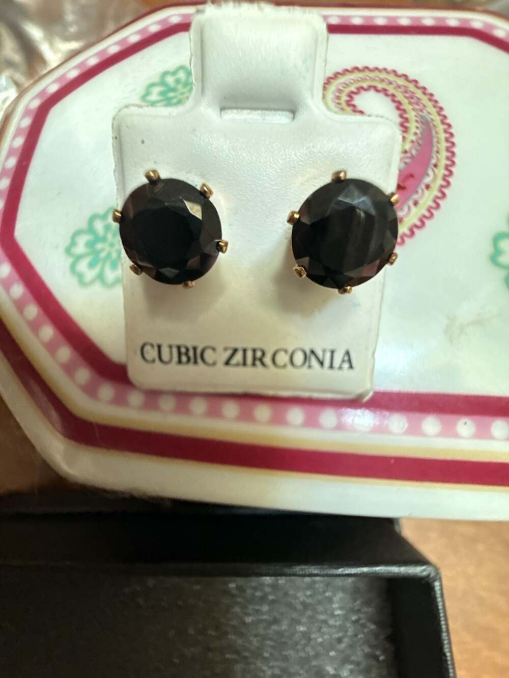 Cubic Zirconia Black CZ Gold Tone Round Prong Stud Earrings
